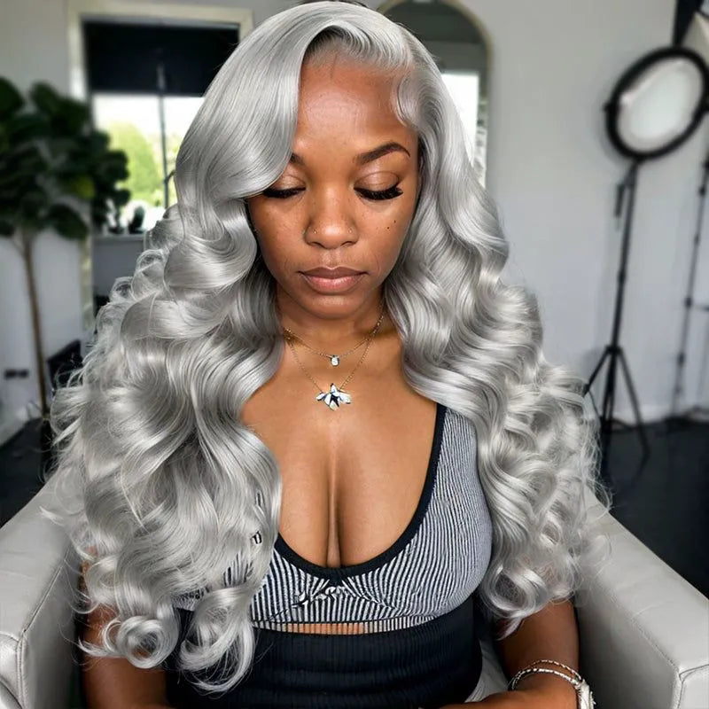 Grey Lace Front Wig Transparent Lace Body Wave Wig Ashimary Human Hair