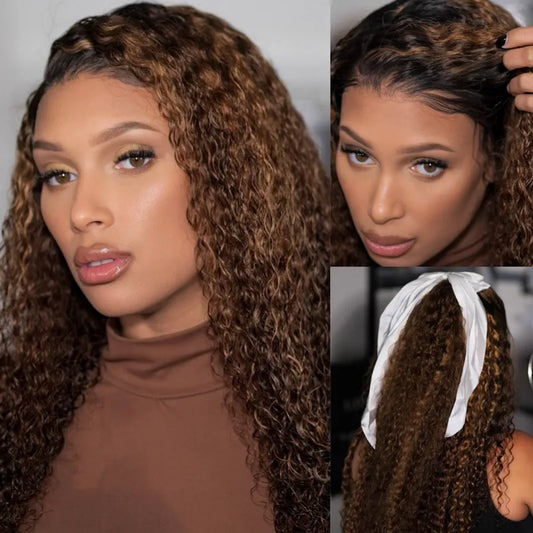 Wear And Go Balayage Highlight Color Glueless Deep Wave Pre Cut Lace Wig Ready to Wear Wig with Pre Plucked Hairline & Bleached Knots