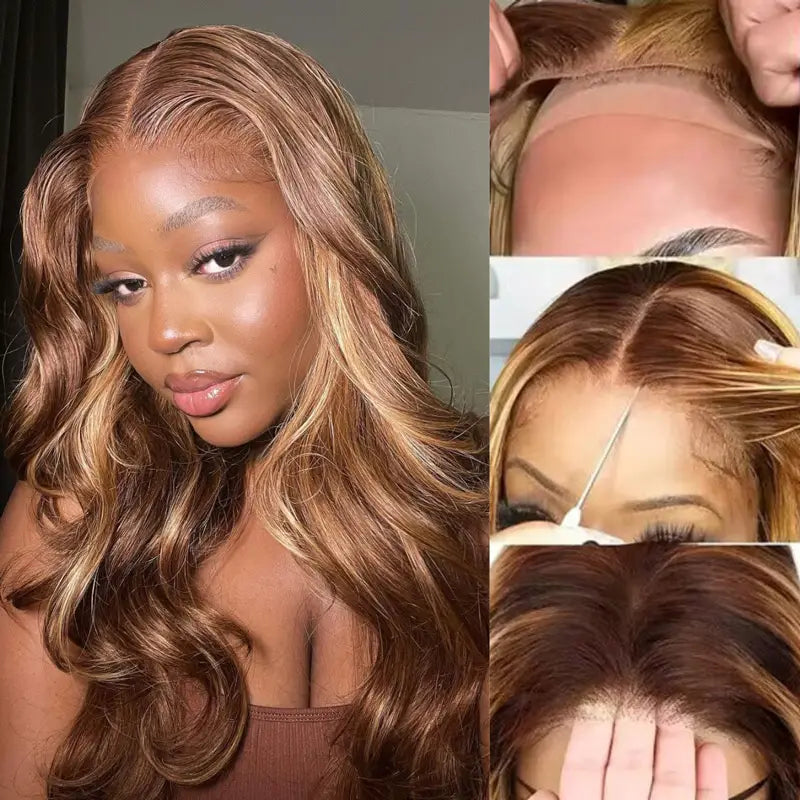 Trendy Ready to Wear Blonde Highlight Glueless Pre Cut Lace Body Wave Wigs with Pre Plucked Hairline & Bleached Knots