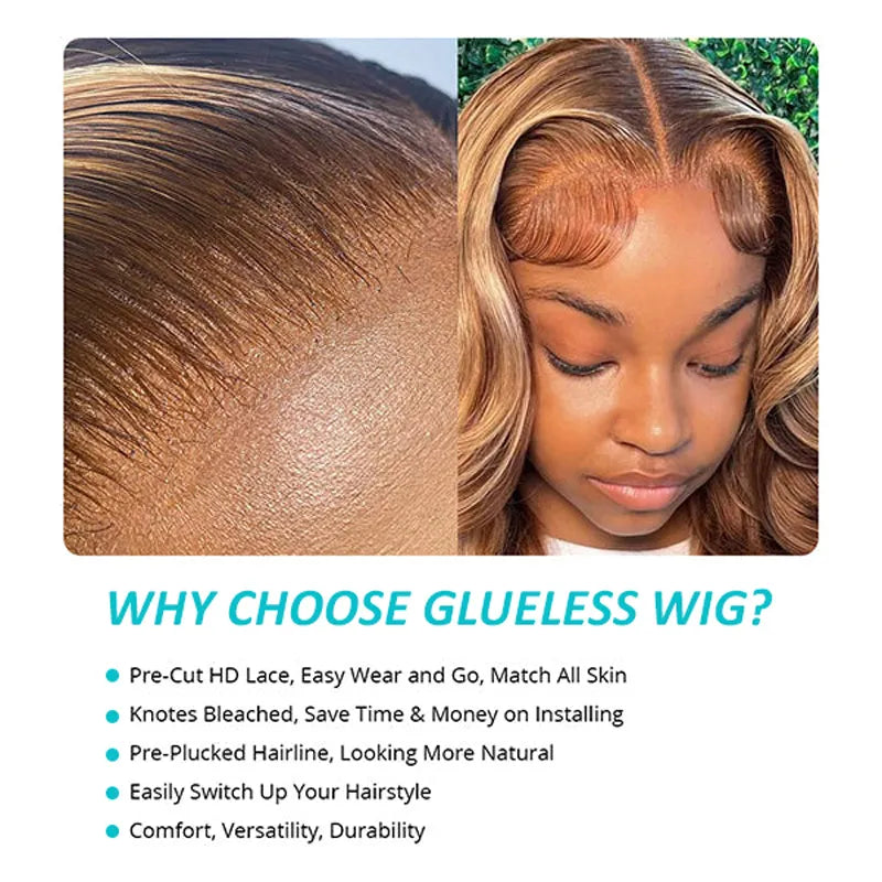 Trendy Ready to Wear Blonde Highlight Glueless Pre Cut Lace Body Wave Wigs with Pre Plucked Hairline & Bleached Knots
