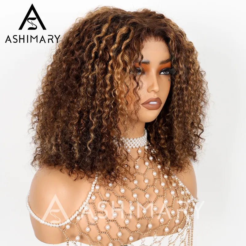Highlight Color Pixie Curly Bob Ombre Honey Brown 5x5 Lace Closure Trendy Bouncy Curly Human Hair Wig