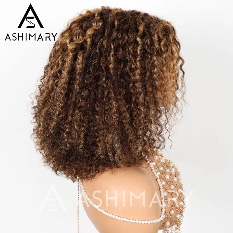 Highlight Color Pixie Curly Bob Ombre Honey Brown 5x5 Lace Closure Trendy Bouncy Curly Human Hair Wig