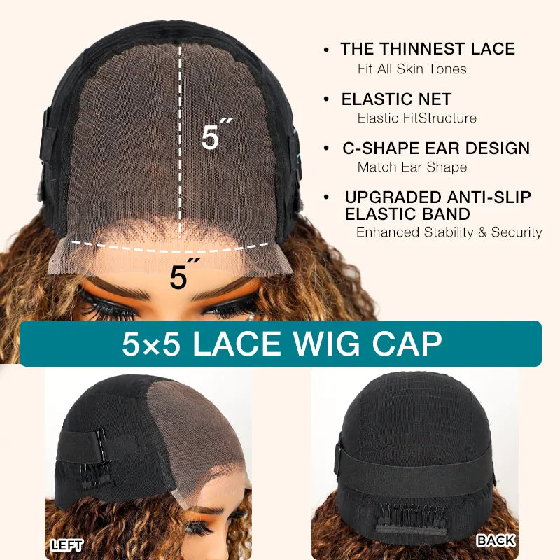 Highlight Color Pixie Curly Bob Ombre Honey Brown 5x5 Lace Closure Trendy Bouncy Curly Human Hair Wig