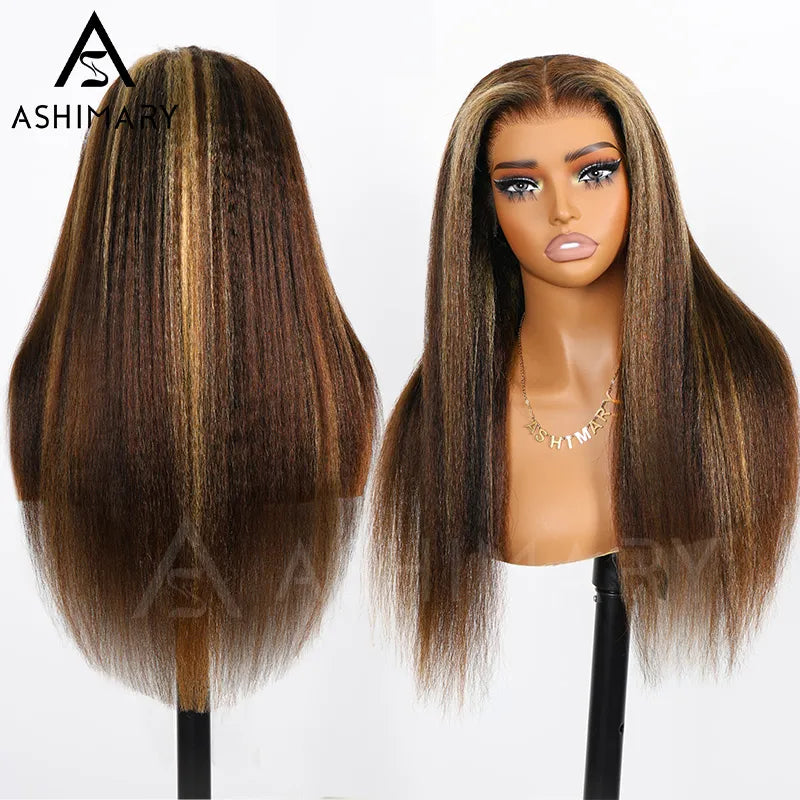 Ashimary 360 Invisi Strap Upgrade Glueless Highlight Brown Kinky Straight Lace Frontal Wig With Pre-Bleached Seamless Knots 4D Auto-Fit Cap