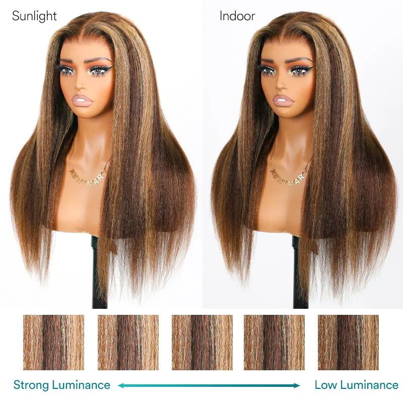 Ashimary 360 Invisi Strap Upgrade Glueless Highlight Brown Kinky Straight Lace Frontal Wig With Pre-Bleached Seamless Knots 4D Auto-Fit Cap