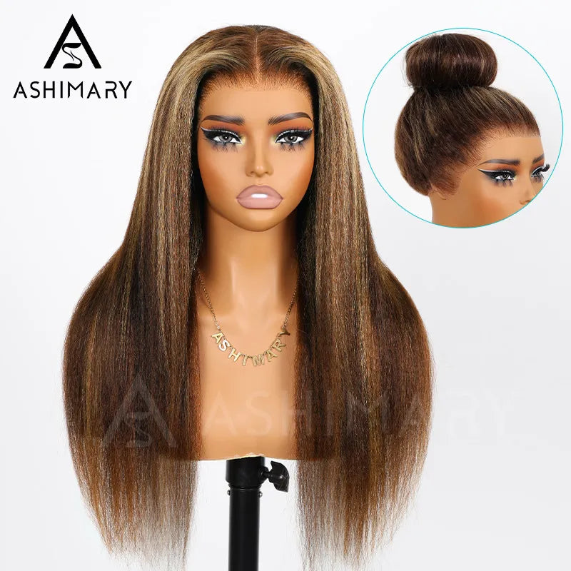 Ashimary 360 Invisi Strap Upgrade Glueless Highlight Brown Kinky Straight Lace Frontal Wig With Pre-Bleached Seamless Knots 4D Auto-Fit Cap