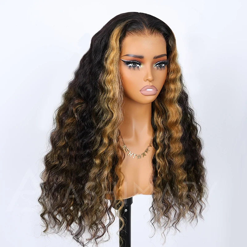 Honey Blonde Highlight with Skunk Stripe 13x4 Lace Frontal Volumized Loose Wave Human Hair Wig