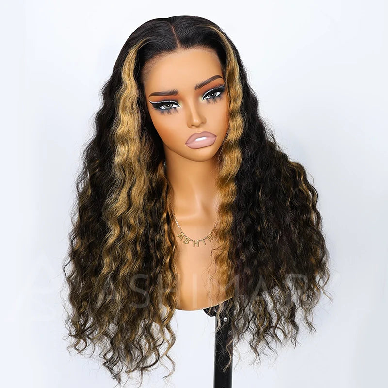 Honey Blonde Highlight with Skunk Stripe 13x4 Lace Frontal Volumized Loose Wave Human Hair Wig