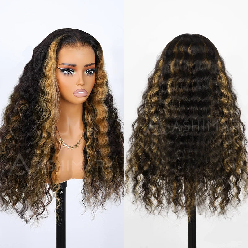Honey Blonde Highlight with Skunk Stripe 13x4 Lace Frontal Volumized Loose Wave Human Hair Wig