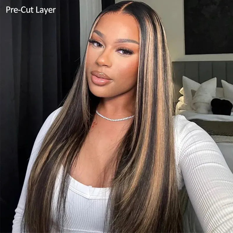 Ashimary Pull Go 13x6 Full Wig Honey Blonde Highlights on Black Hair Transparent Lace Frontal Pre Everything Glueless Human Hair Wig