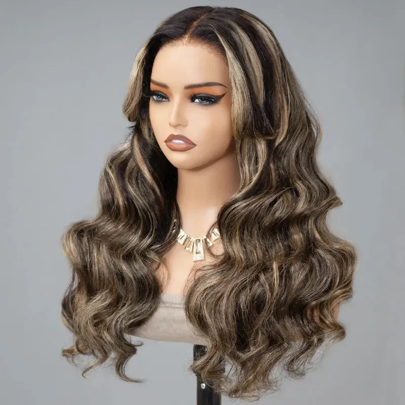 Ashimary Pull Go 13x6 Full Wig Honey Blonde Highlights on Black Hair Transparent Lace Frontal Pre Everything Glueless Human Hair Wig
