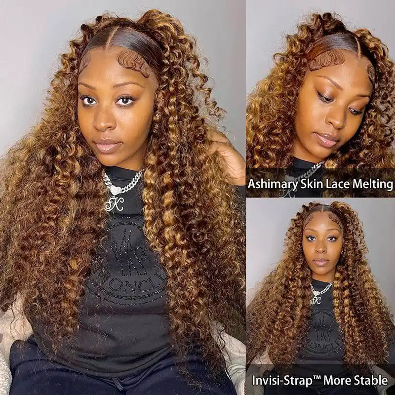 Water Wave Highlight Ombre Color Invisi Strap Snug Fit 360 Skin Lace Frontal Wig Glueless Human Hair