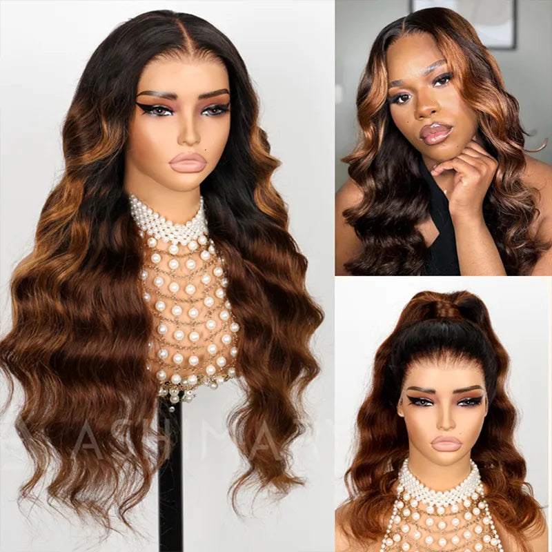 BOGO 360 Lace Frontal with Invisi Strap 3D Bouncy Body Wave Black Ombre Brown Highlight Pre Plucked Wig