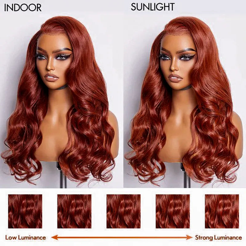 Extra 70% OFF | Reddish Brown 3D Body Wave Invisi Strap Laid Flat 360 Skin Lace Frontal Pre-Bleached Knots Put On & Go Wig