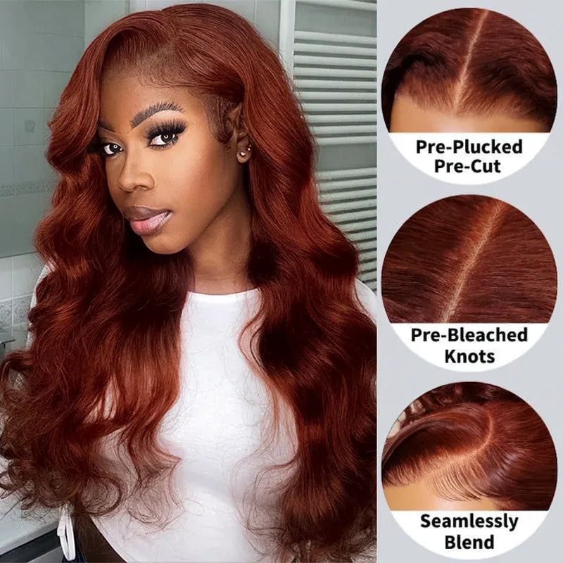 Extra 70% OFF | Reddish Brown 3D Body Wave Invisi Strap Laid Flat 360 Skin Lace Frontal Pre-Bleached Knots Put On & Go Wig