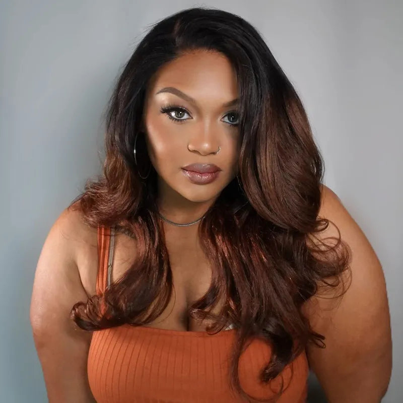 Yaki Body Black Brown Ombre Invisi Strap 360 Skin Lace Frontal Glueless Lay Flat Human Hair Wig