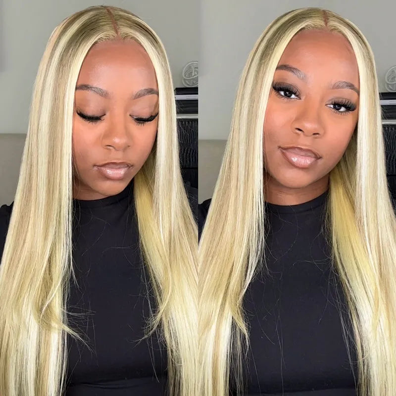 Layered Cut Customized Blonde Balayage on Brown Hair 13x4 Transparent Lace Front Straight Wig 100% Human Hair