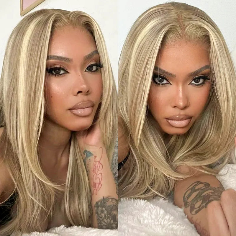 Layered Cut Customized Blonde Balayage on Brown Hair 13x4 Transparent Lace Front Straight Wig 100% Human Hair