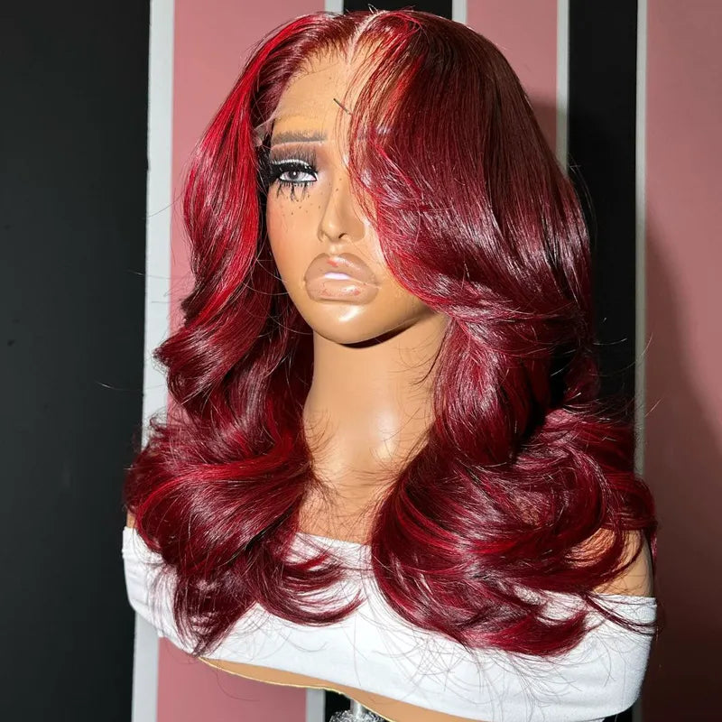 Salon Hairstyles Layered Cut 99J Burgundy Body Wave Wig 13x4 Transparent Lace