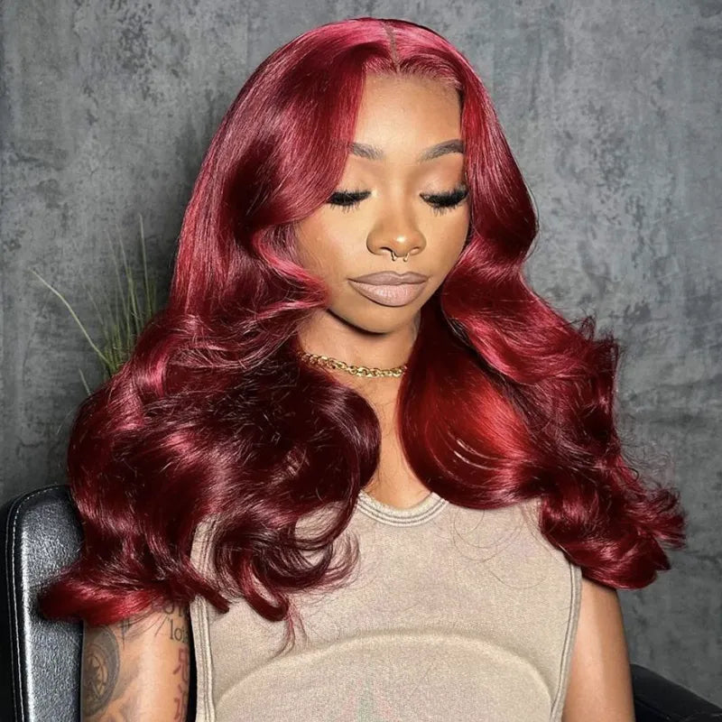 Salon Hairstyles Layered Cut 99J Burgundy Body Wave Wig 13x4 Transparent Lace