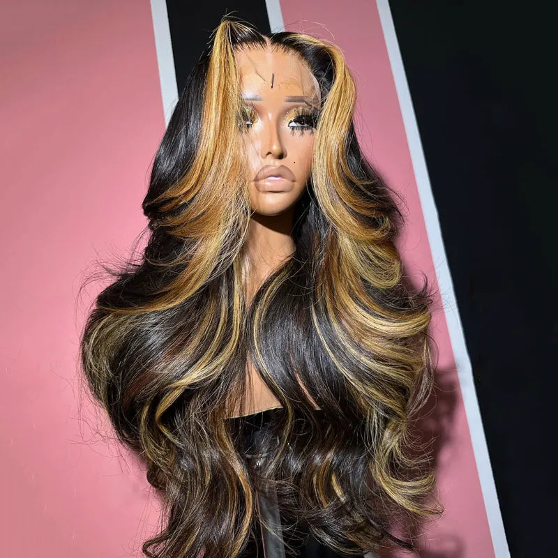 Layered Cut Salon Hairstyles Highlight Color Body Wave 13x4 Transparent Lace Front Wig Curtain Bangs 100% Human Hair