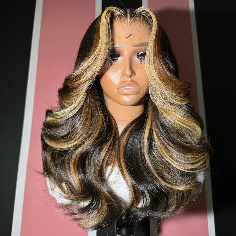 Layered Cut Salon Hairstyles Highlight Color Body Wave 13x4 Transparent Lace Front Wig Curtain Bangs 100% Human Hair