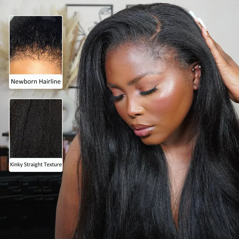 Newborn Hairline Kinky Straight Glueless 4x4 Lace Wigs Bye Bye Knots Human Hair Lace Wig