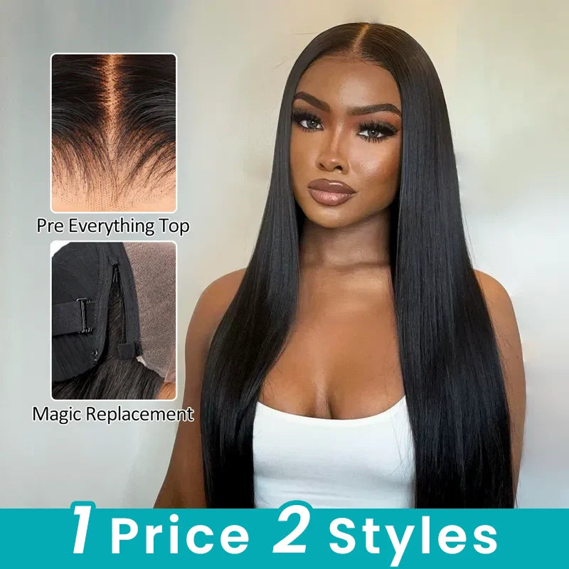 Ashimary PairUp Magic Lace Wig Straight Natural Black Pre-Cut Lace Wig With Optional Replaceable Zip Lace Top
