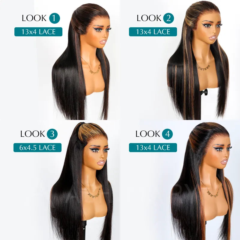 Ashimary PairUp Zippable Wig Highlight Straight Pre-Cut Lace Wig With Optional Replaceable Zip Lace Top 4 in 1