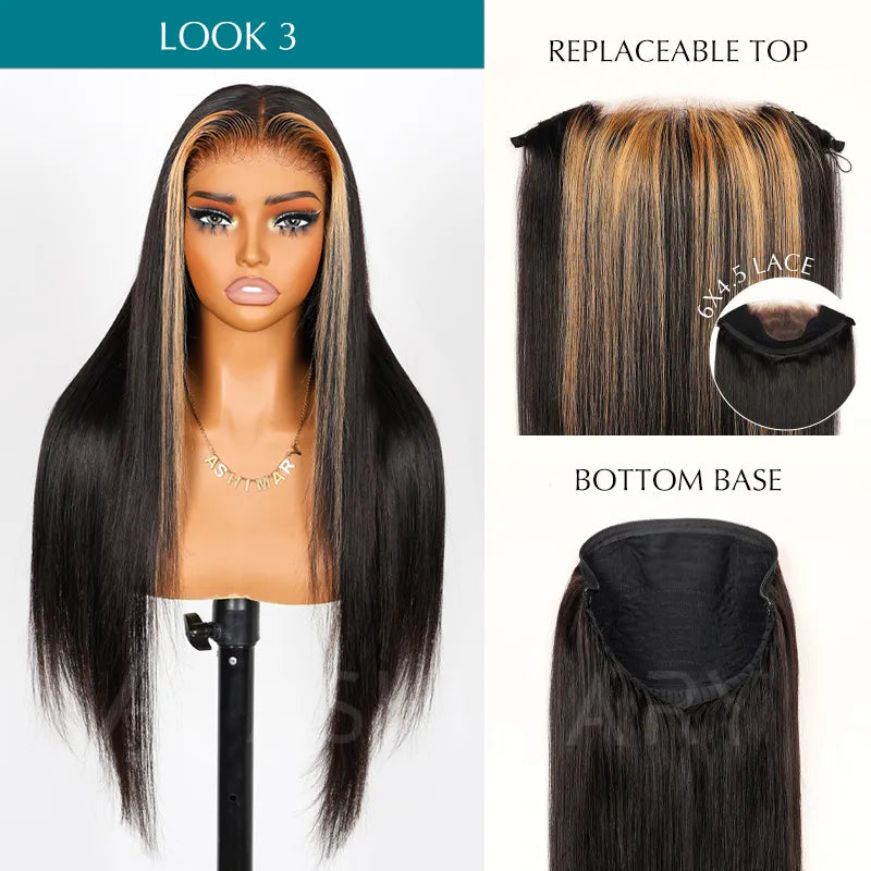 Ashimary PairUp Zippable Wig Highlight Straight Pre-Cut Lace Wig With Optional Replaceable Zip Lace Top 4 in 1