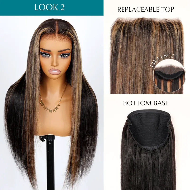 Ashimary PairUp Zippable Wig Highlight Straight Pre-Cut Lace Wig With Optional Replaceable Zip Lace Top 4 in 1