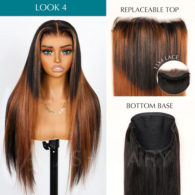 Ashimary PairUp Zippable Wig Highlight Straight Pre-Cut Lace Wig With Optional Replaceable Zip Lace Top 4 in 1