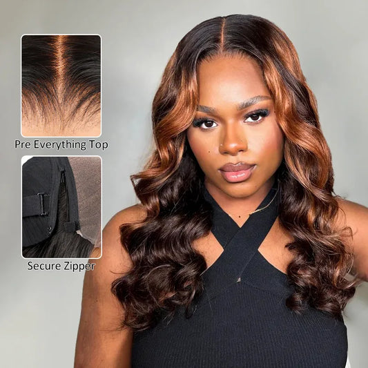 Ashimary PairUp Zippable Wig Body Wave Black Ombre Brown Optional Replaceable Zip Lace Top 2 in 1
