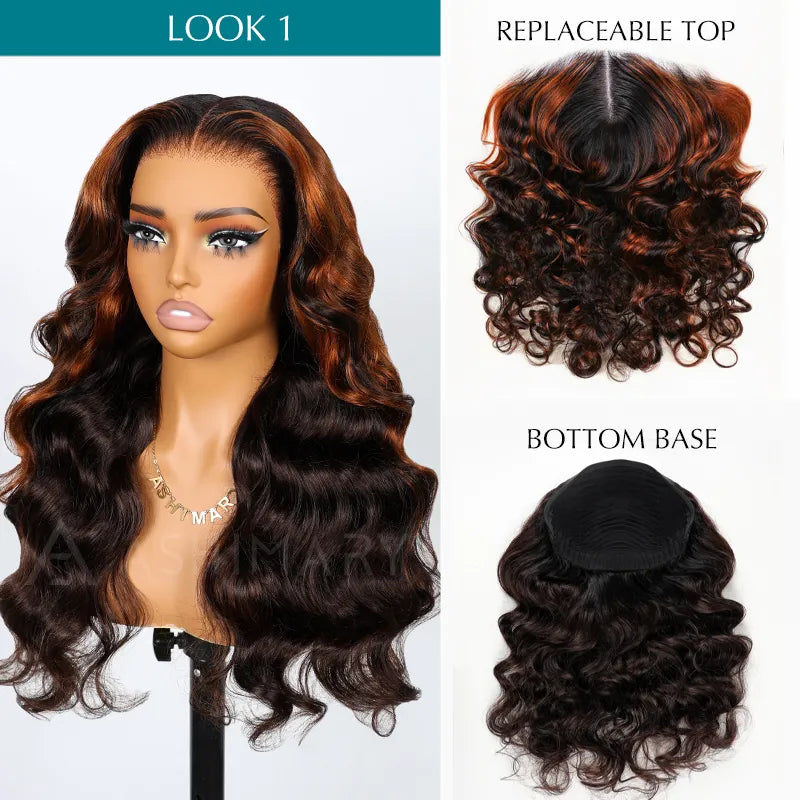 Ashimary PairUp Zippable Wig Body Wave Black Ombre Brown Optional Replaceable Zip Lace Top 2 in 1