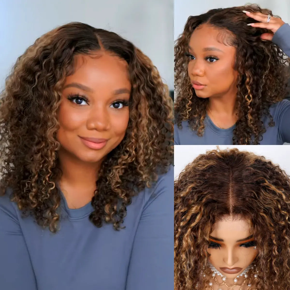 Highlight Color Pixie Curly Bob Ombre Honey Brown 5x5 Lace Closure Trendy Bouncy Curly Human Hair Wig