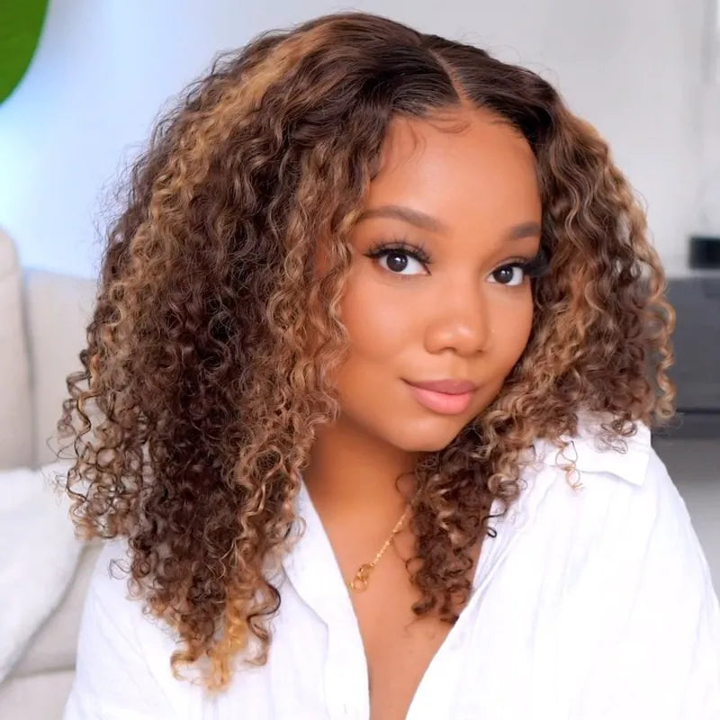 Highlight Color Pixie Curly Bob Ombre Honey Brown 5x5 Lace Closure Trendy Bouncy Curly Human Hair Wig