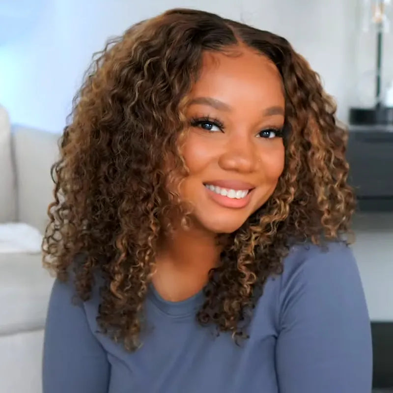 Highlight Color Pixie Curly Bob Ombre Honey Brown 5x5 Lace Closure Trendy Bouncy Curly Human Hair Wig