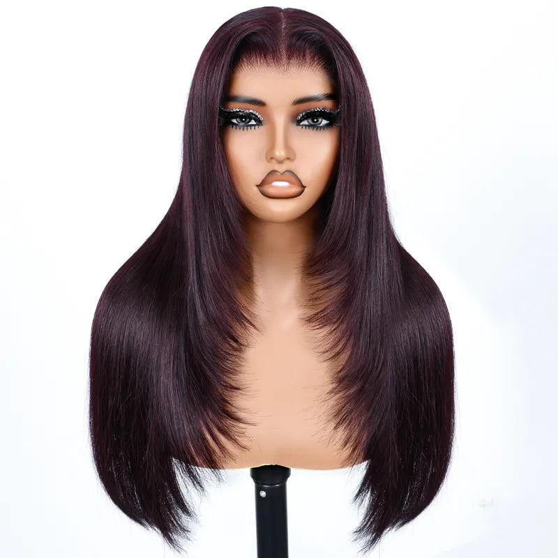 Salon Layered Cut Dark Plum Straight Wig Pull Go 13x4 Lace Tiny Knots Glueless Wig Siuts All Heads