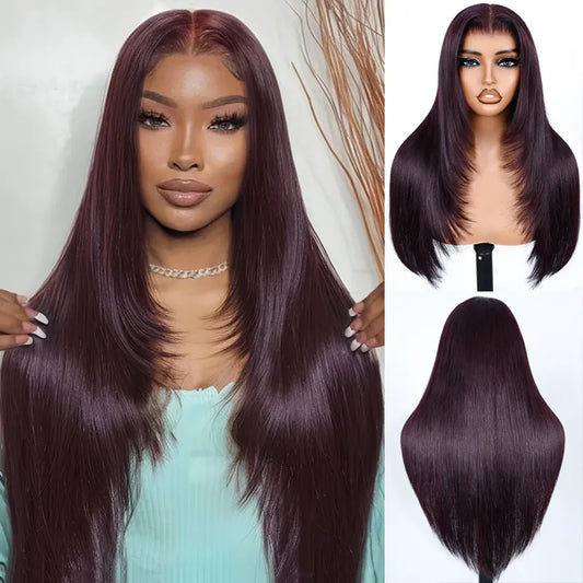 Dark Plum Color Straight Glueless Invisi Strap 360 Lace Frontal Wigs Tight & Neat Pre-Cut layered Optional