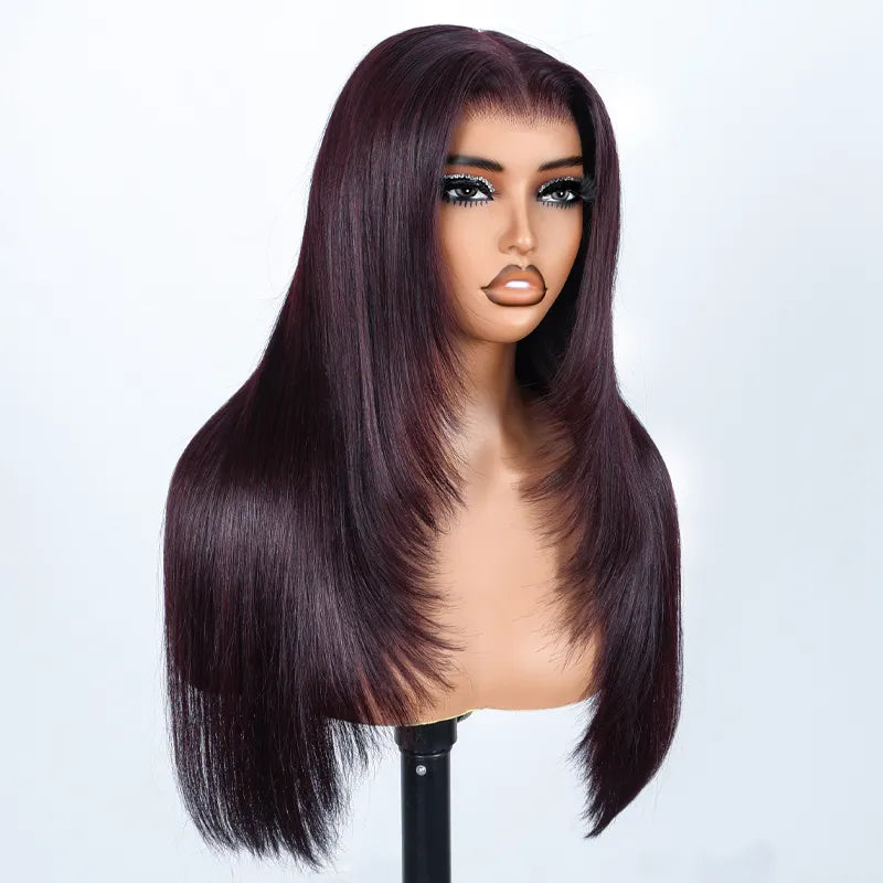 Dark Plum Color Straight Glueless Invisi Strap 360 Lace Frontal Wigs Tight & Neat Pre-Cut layered Optional
