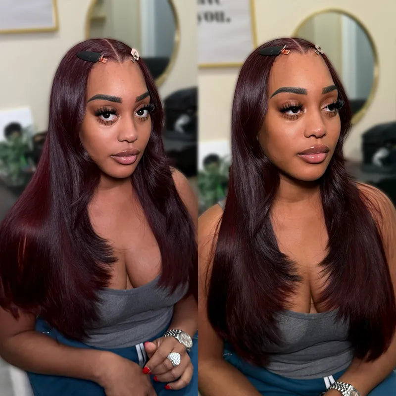 Dark Plum Color Straight Glueless Invisi Strap 360 Lace Frontal Wigs Tight & Neat Pre-Cut layered Optional