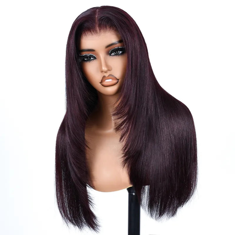 Salon Layered Cut Dark Plum Straight Wig Pull Go 13x4 Lace Tiny Knots Glueless Wig Siuts All Heads