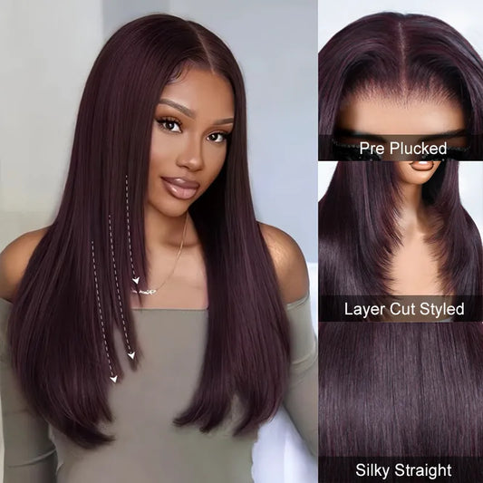 Dark Plum Color Straight Glueless Invisi Strap 360 Lace Frontal Wigs Tight & Neat Pre-Cut layered Optional