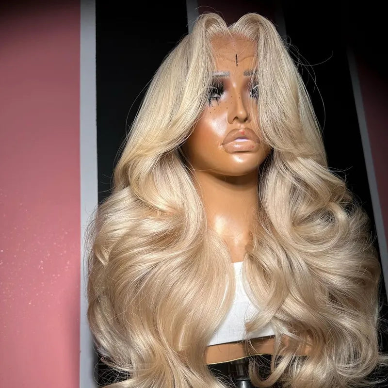 Ash Blonde Salon Layered Cut Blowout Hairstyles 13x4 Transparent Lace Frontal Body Wave Human Hair Wig