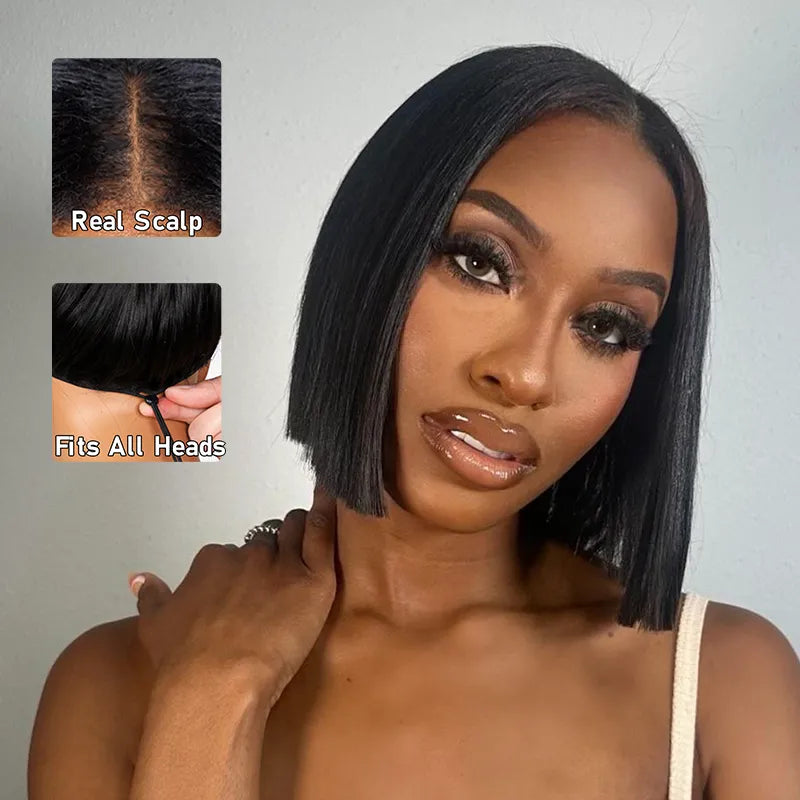 Pull Go Wig | Glueless Straight Bob V Part Wig Beginner Friendly Natural Scalp Thick Human Hair Ashimaryhair