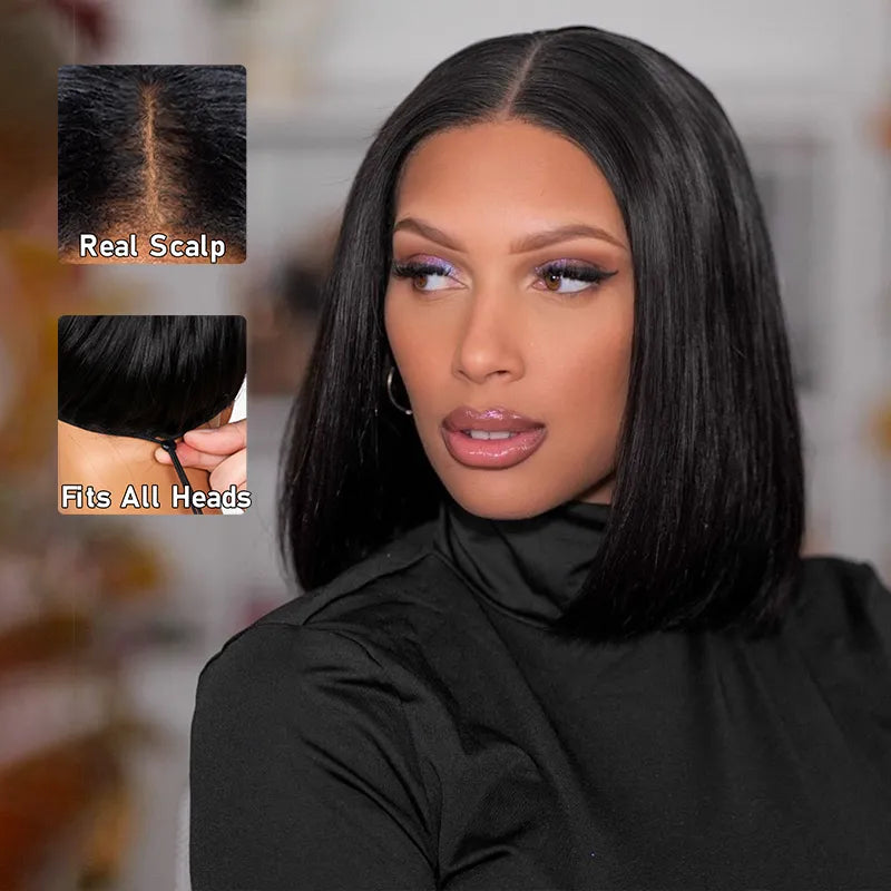 Pull Go Wig | Glueless Straight Bob V Part Wig Beginner Friendly Natural Scalp Thick Human Hair Ashimaryhair