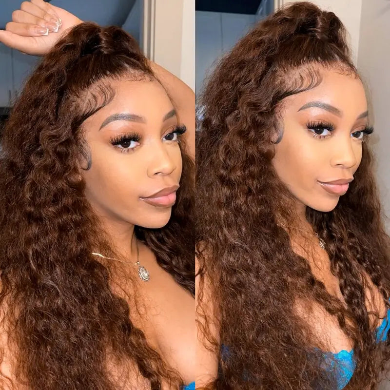 Chocolate Brown Water Wave Invisi Strap Snug Fit 360 Melting Lace Frontal Bleached Knots Glueless Lace Wig