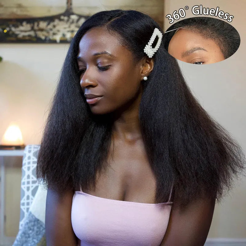 Ashimary 4C Edges Invisi Strap Snug Fit 360 Transparent Lace Frontal Kinky Straight Wig with Curly Baby Hair Pre Bleached Knots