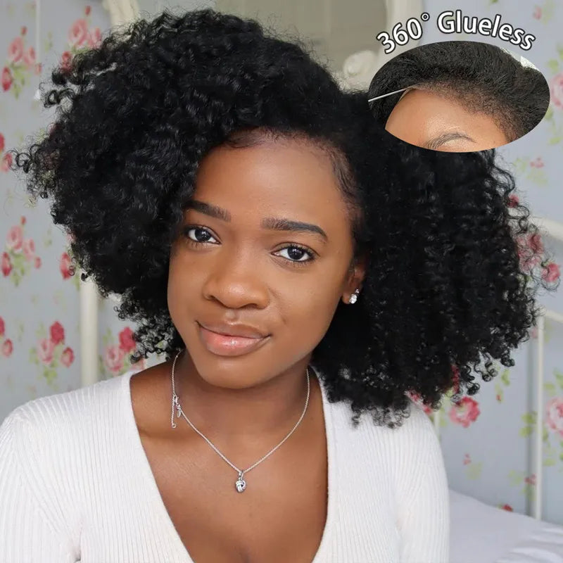 Kinky Curly 4C Edges Invisi Strap Laid Flat 360 Transparent Lace Wig Pre Bleached Knots with Curly Baby Hair All Around