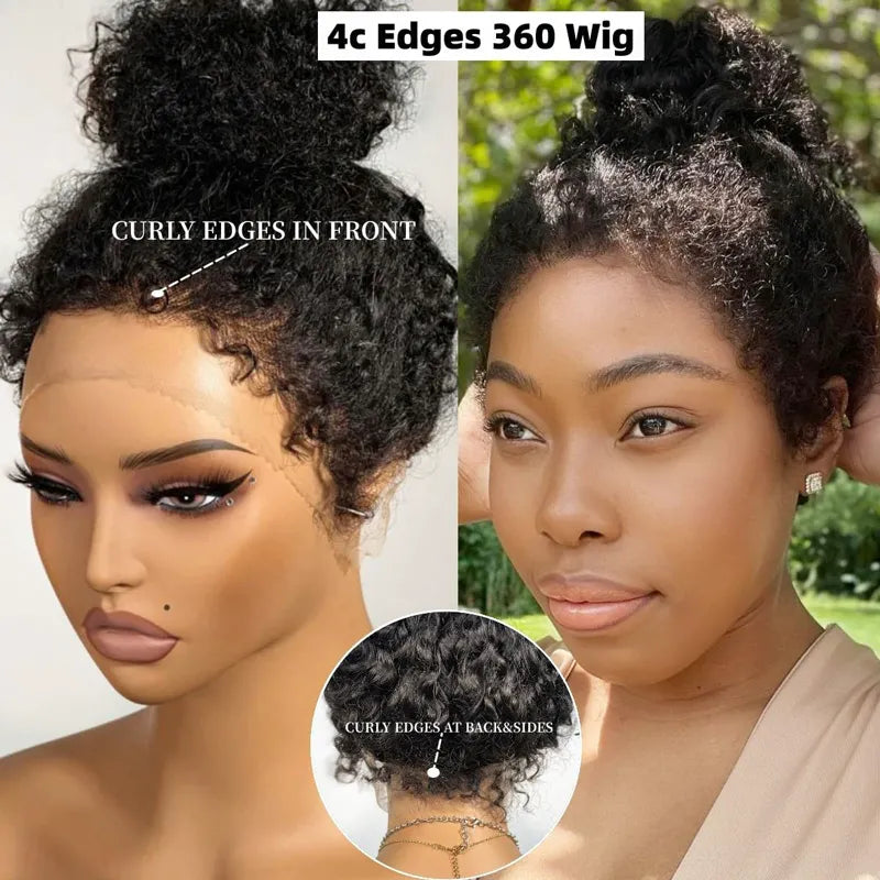 Kinky Curly 4C Edges Invisi Strap Laid Flat 360 Transparent Lace Wig Pre Bleached Knots with Curly Baby Hair All Around